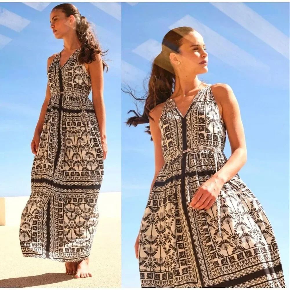 FAT FACE Black White Maya Palace Scarf Maxi Dress Boho Summer Dress size 4